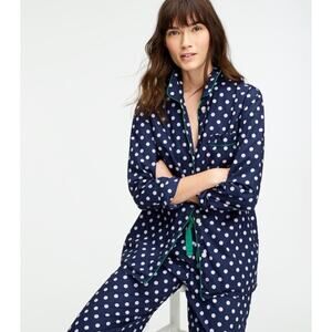 J.Crew Long Sleeve Cotton Poplin Sleep Set Navy Lavender Polka Dot Green Trim M